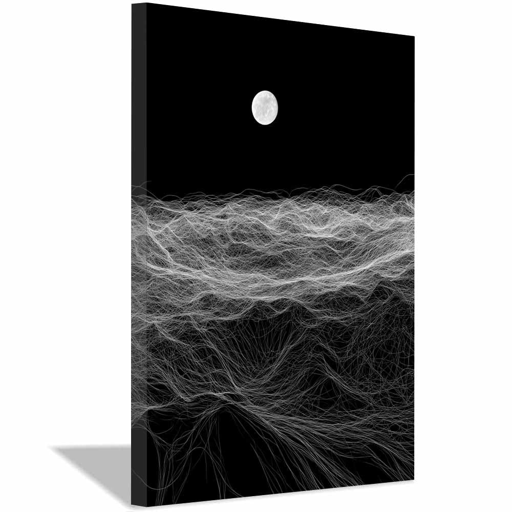 XENIOU Black White Canvas Line Wavess Moon Landscapes Canvas Wall Art, artwork for Bedroom Living Room Bathroom Office Home Decoration(Multicolor)-60x90cm Framed