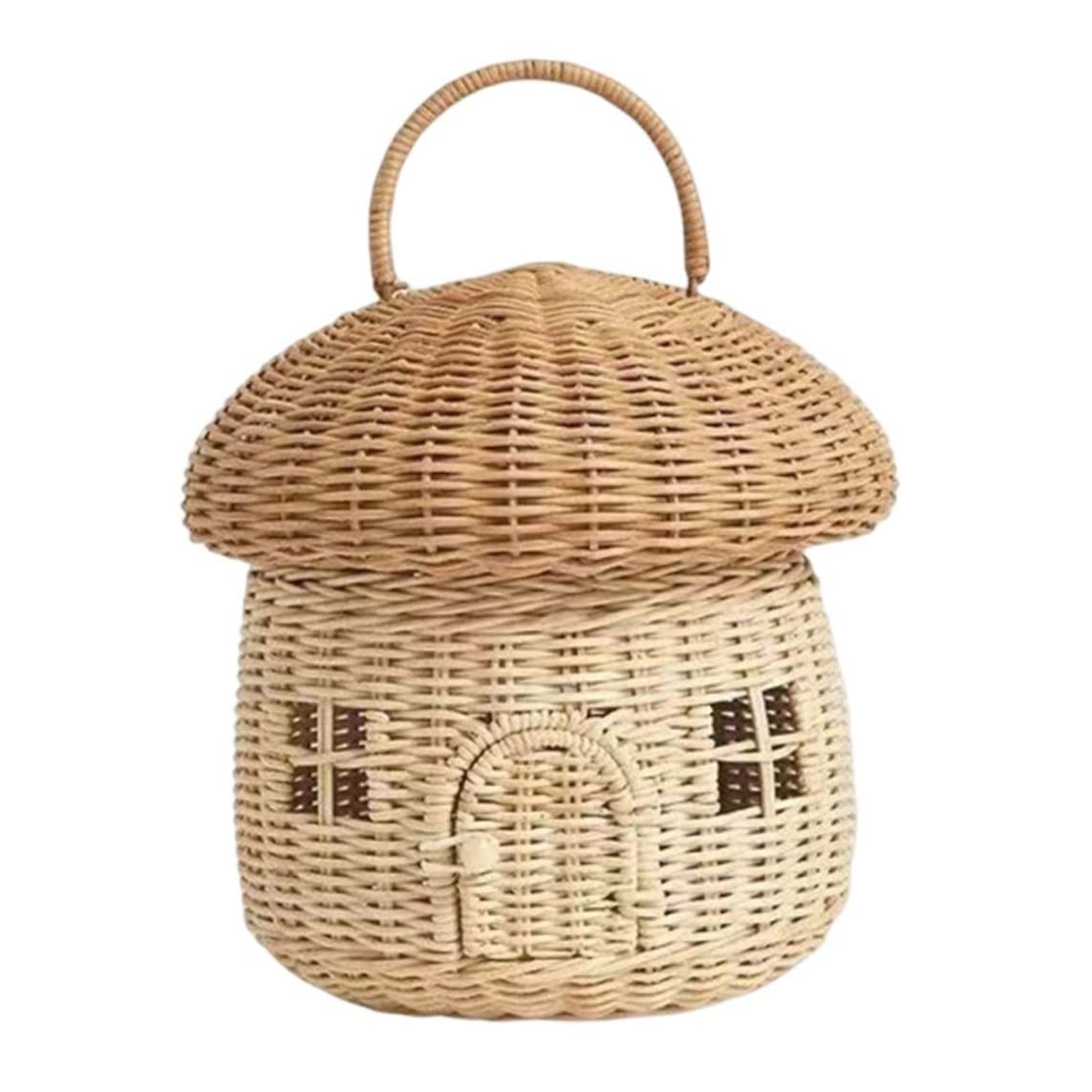 Cesta de Almacenamiento de Mimbre con Forma de Seta con Tapa, Cesta de Mimbre Tejida Decorativa de Gran Capacidad con asa para Organizador de estantes