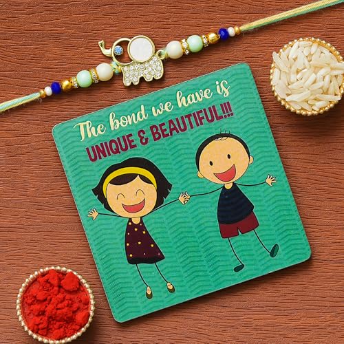 Image of Rakhi for Brother Combo of 2 Rakhi for Men with Fridge Magnet, Roli Chawal Best Wishes Greeting Card