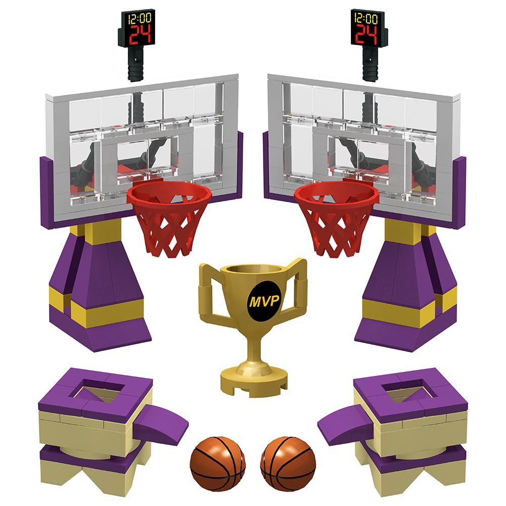 Building Block Bildung Spielzeug für Basketball Court Baseplates 5" X 10" (3-Pack) und Sets von 2 Basketball Ständer Bausteine für Basketball Spiel kompatibel mit Major Marken (Basketball Playset)