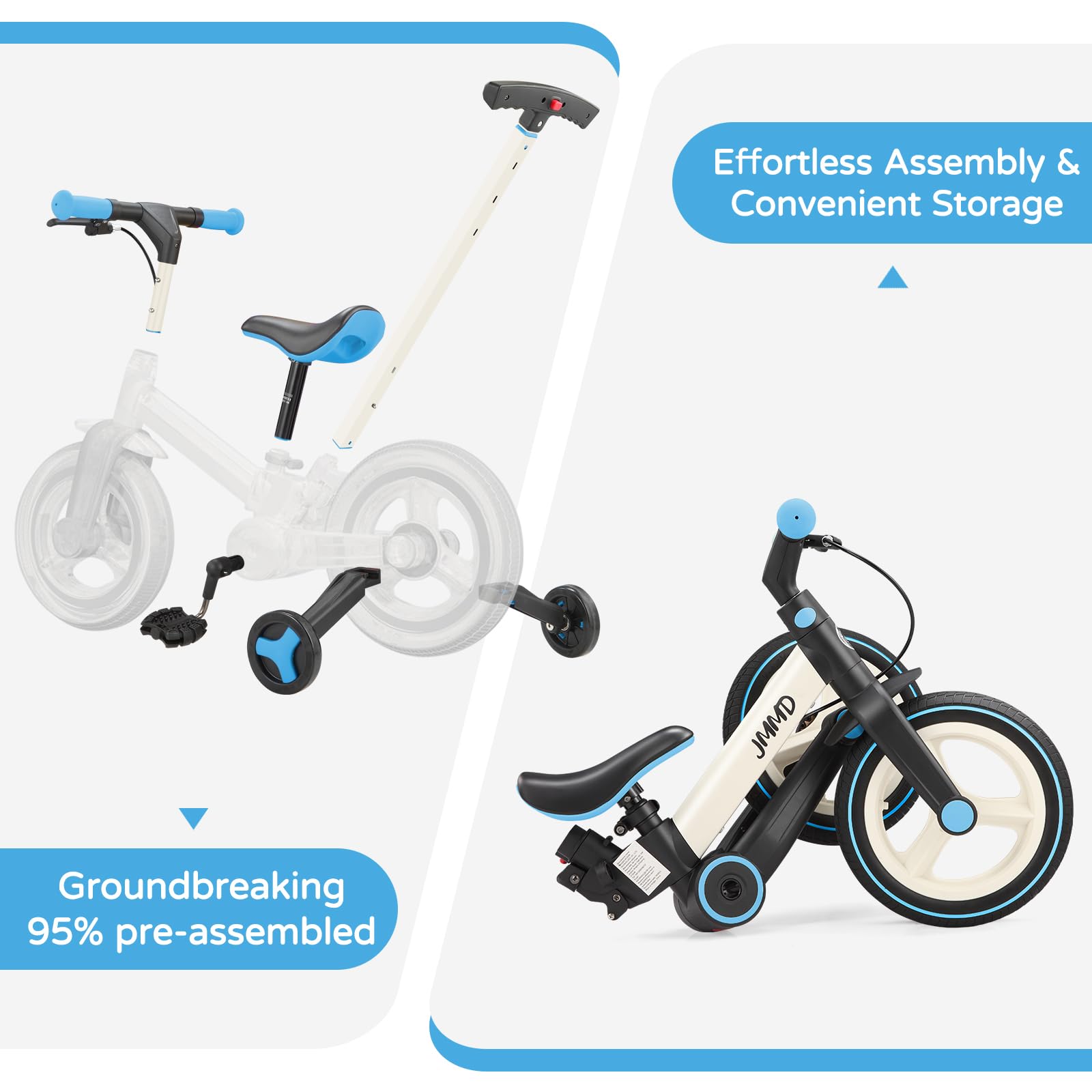 JMMD Bicicleta 6 en 1 para Niños Pequeños con Ruedas de Entrenamiento y Pedales, Edad 18 Meses a 5 Años, Bicicleta de Equilibrio y Pedal 12" Transformable y Plegable