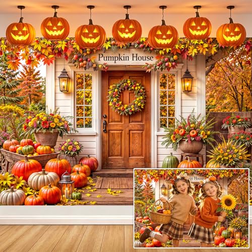 Toile de fond automne 3x2,4m avec maison de citrouille rustique pour studio photo