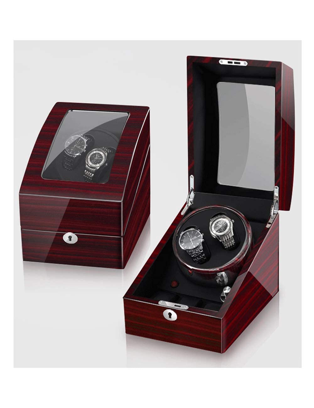 Watch Winder Nakręcacz do zegarków na 2 zegarki Dodatkowe 3 pozycje Farba fortepianowa Antymagnetyczna Ultra cicha, luksusowa wibrator do zegarków Światło LED (czarny + brązowy 2 + 3) Watch Winder