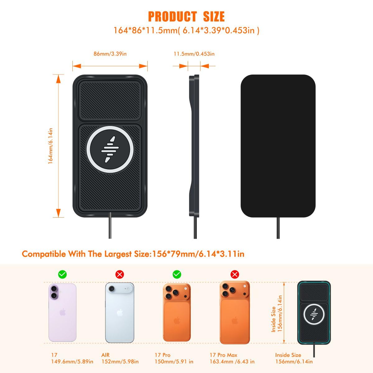 Caricabatterie wireless per auto, 15 W, caricabatterie wireless per auto, caricabatterie antiscivolo per iPhone 17/16/15/14/13/12 Pro, SE3/SE2/XS/X/XR/8, cavo da 30 cm