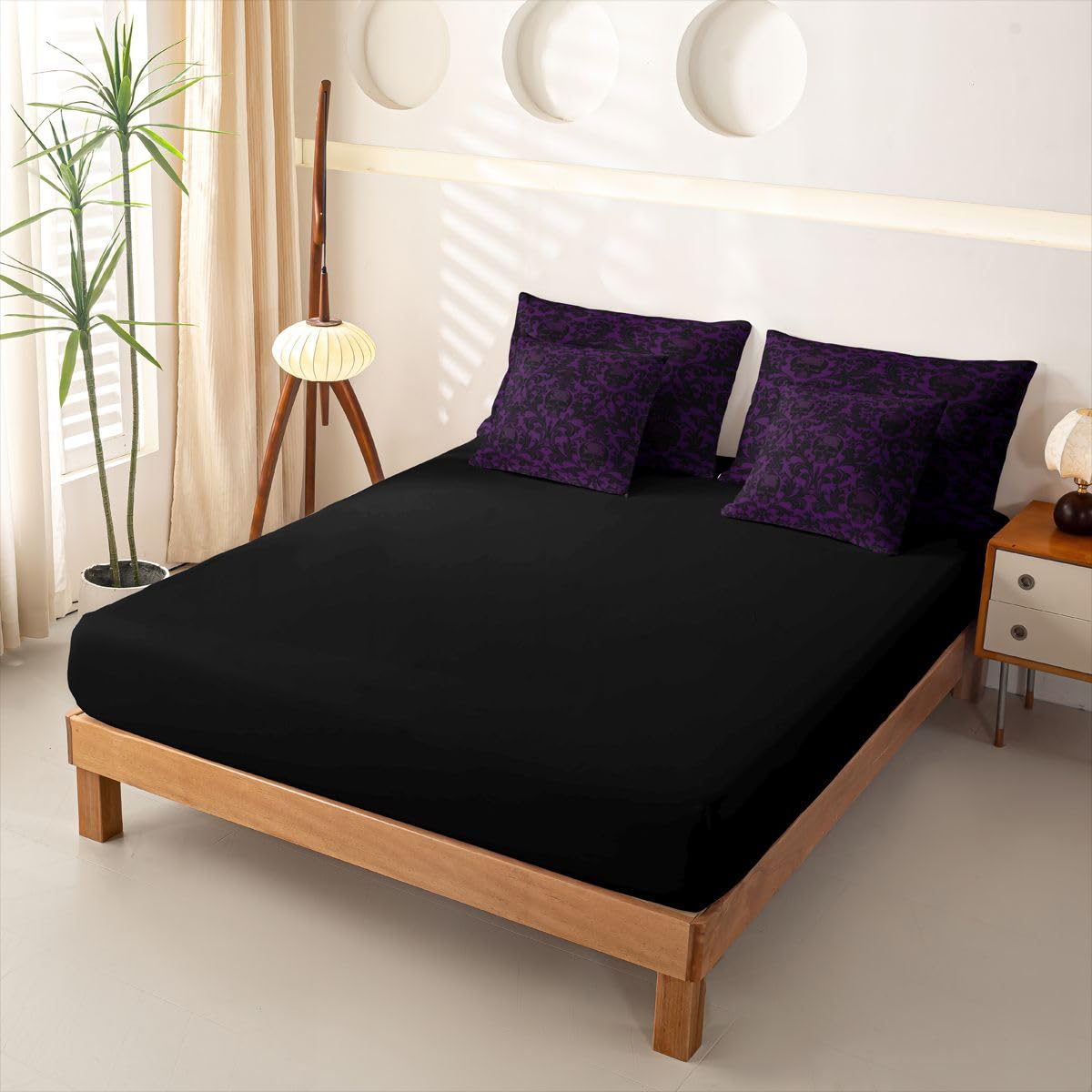 Loussiesd Set di biancheria da letto con copripiumino viola nero con lenzuola, 7 pezzi, per bambini, ragazzi e ragazze, Halloween, teschio viola, decorazione per la stanza, in morbida microfibra