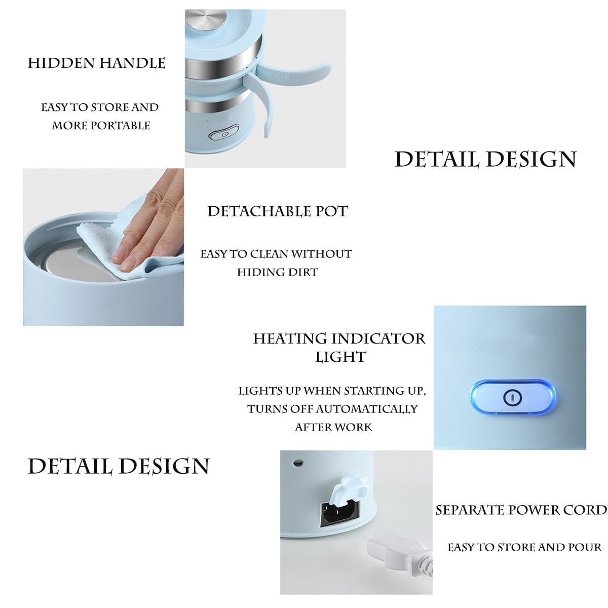 Bollitore elettrico pieghevole da viaggio, piccolo bollitore elettrico, bollitore portatile intelligente One-Touch con design pieghevole a quattro vie e pieghevole a quattro vie