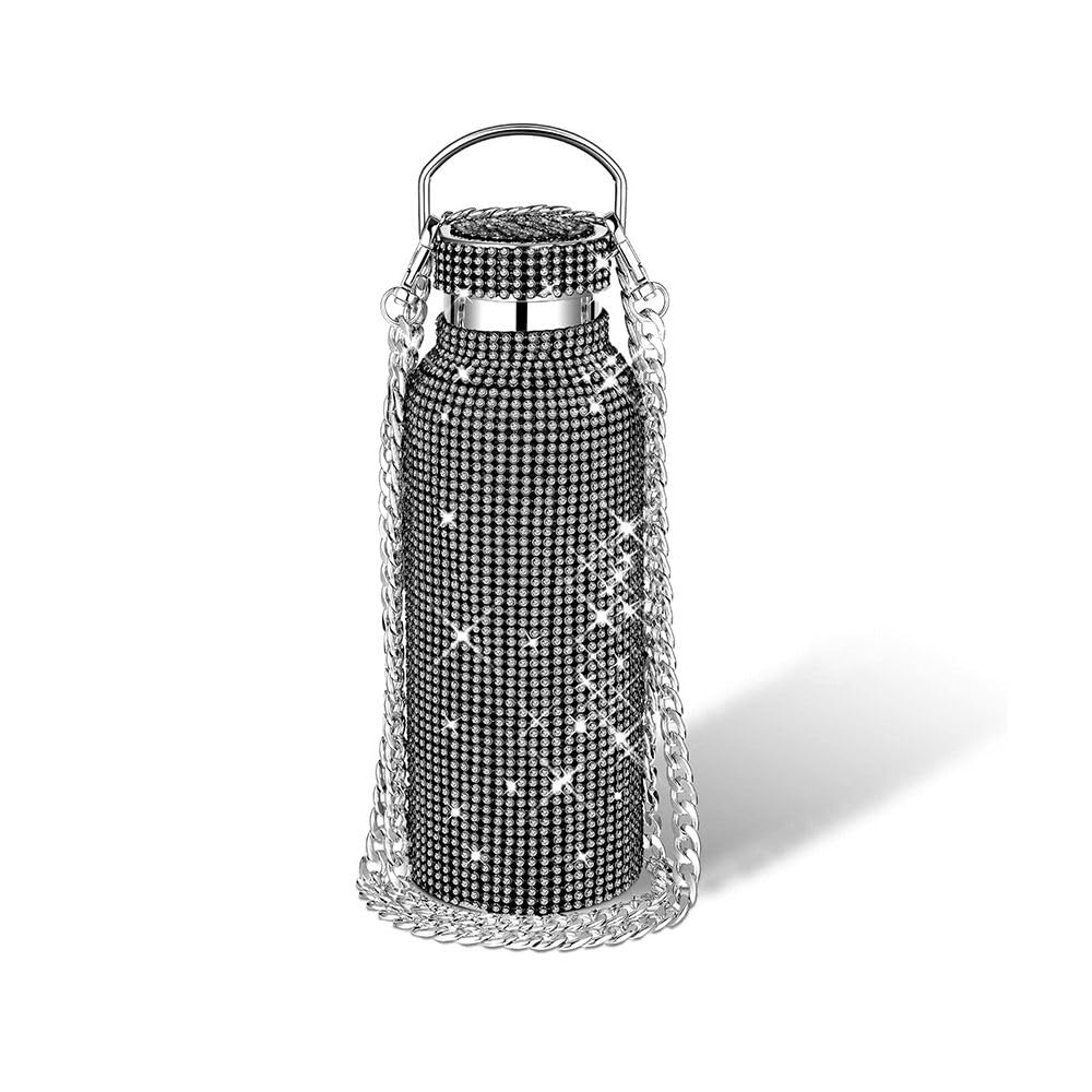 Water Bottle with Chain, 350/500/600/750/1000 Stainless Steel Glitter Tumbler with Chain, Bling Cups with Lids for Women Girl(1000ml,Black)
