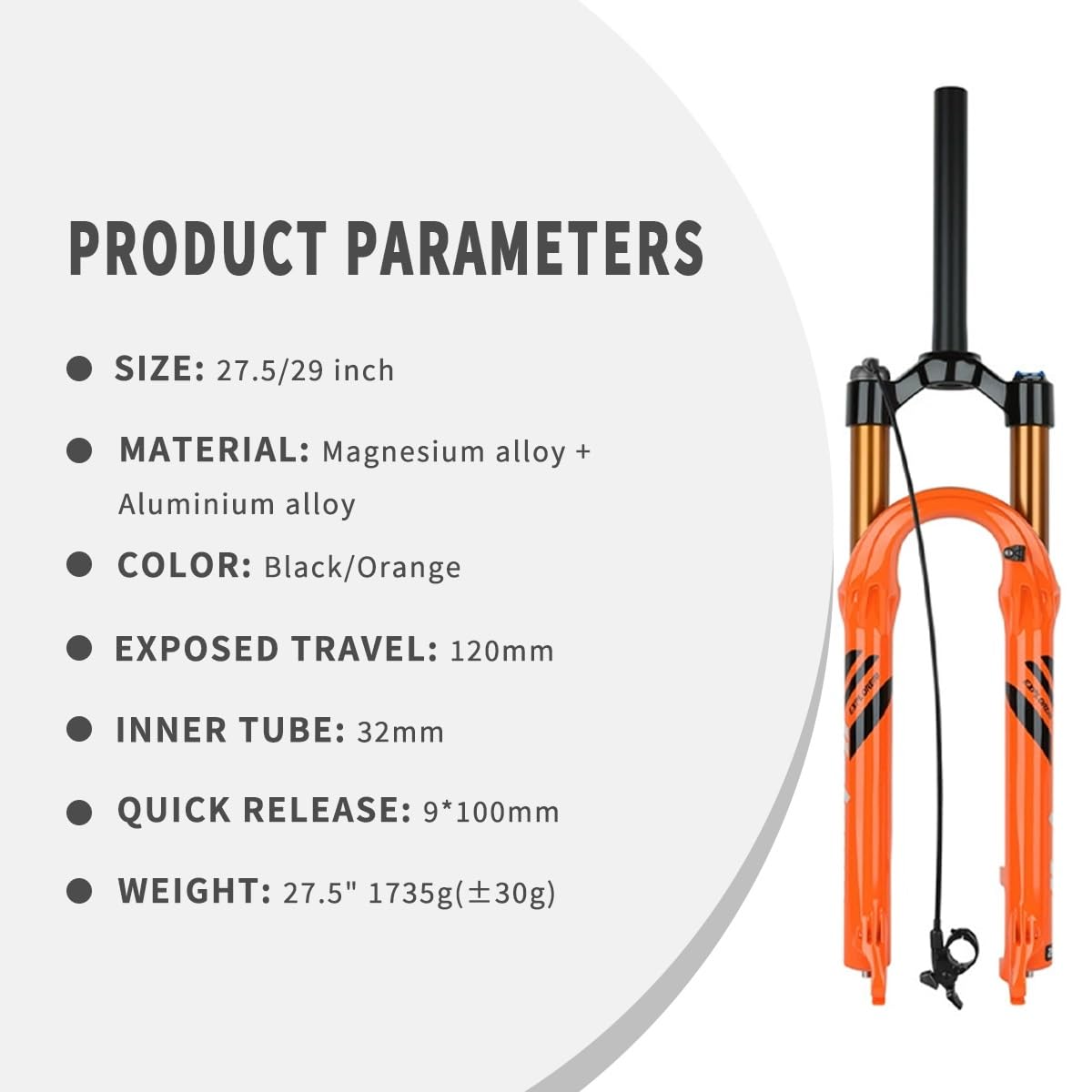 Horquilla de Descenso para Bicicleta de montaña de 27,5/29 Pulgadas, suspensión neumática, Tubo Recto de 1-1/8", Freno de Disco Delantero, 120 mm de Recorrido, Eje QR de 9 x 100 mm