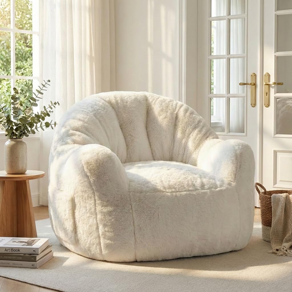 Giant Bean Bag Chair for Adults, Shell-Shaped Oversized Bean Bag Couch with Armrests & Side Pockets, Stuffed Floor Sofa for Reading, Playing & Relaxing, Beige