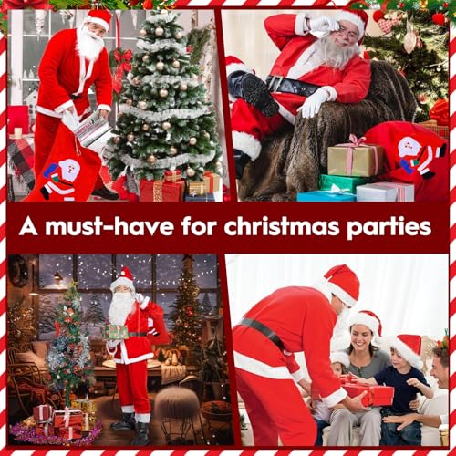 Weihnachtsmann Kostüm für Herren, 7-Teiliges Weihnachtsmann Kostüm für Erwachsene, mit Nikolaus Bart, Mütze, Schuh, Kleidung, Hosen, Gürtel und Geschenktüten, für Weihnachten Weihnachtsfeier Cosplay