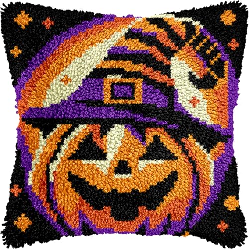veirousa Halloween Pumpkin Latch Hook Pillow Kits for Adults Beginners, Jack-o-Lantern Pre-Printed Pillowcase Set, Rug Making Kits, Cushion Craft for Home Sofa Decor, Holiday DIY Gift Idea 17x17 inch