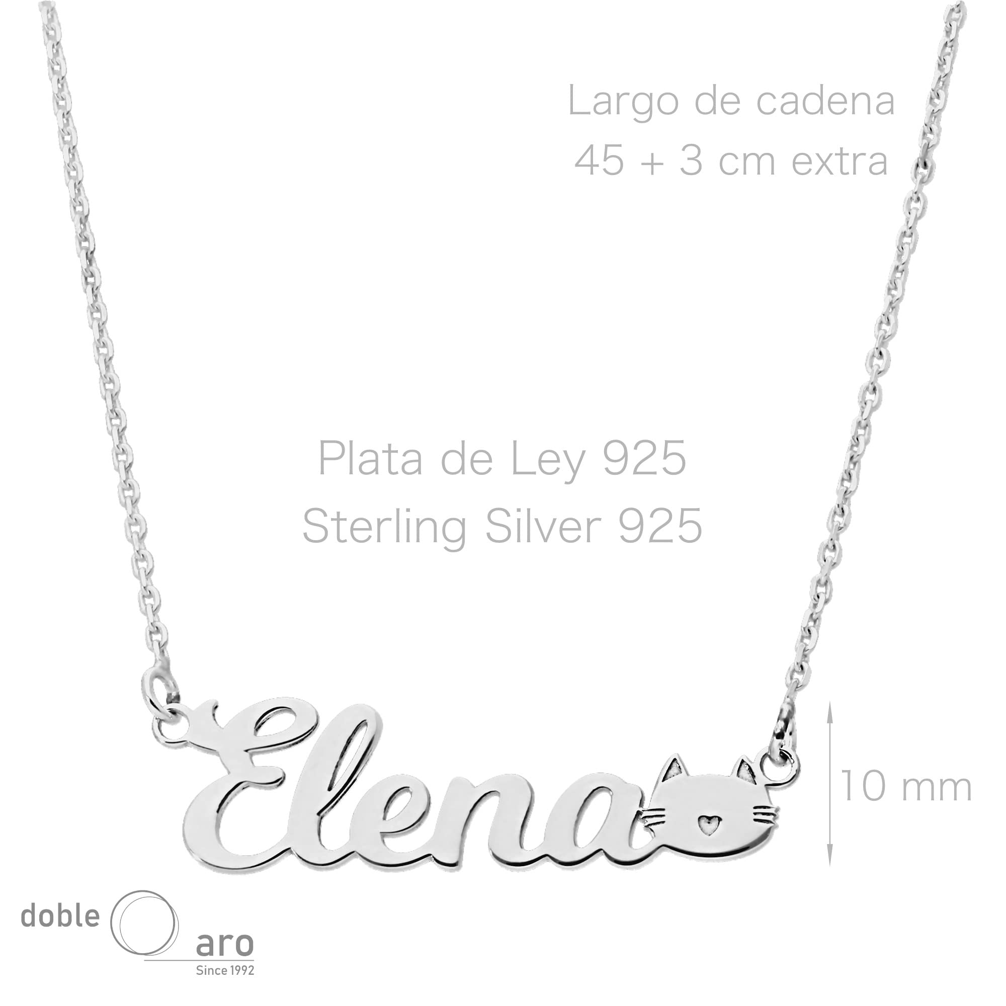 Colgante Personalizado con Nombre - Plata de Ley 925/1000 para Mujer – Collar Artesanal con Cadena Ajustable - Hecho en España (Modelo Cat, Plata de Ley)
