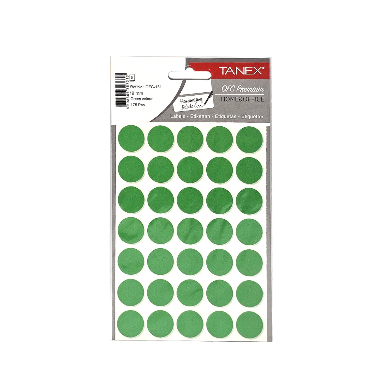 Tanex Round Self-Adhesive 35 Labels x 5 Sheets, 19 mm Diameter, Green