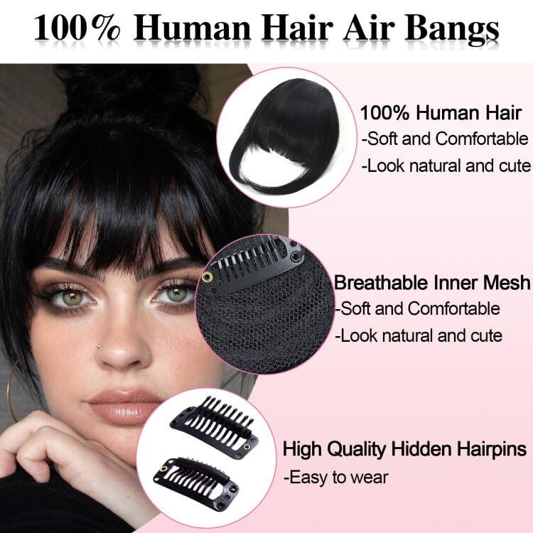 Miniatura 4 de Flequillo con clip, extensiones de cabello 100 % humano, flequillo francés con clip con flequillo falso de sien, extensiones para mujer (negro
