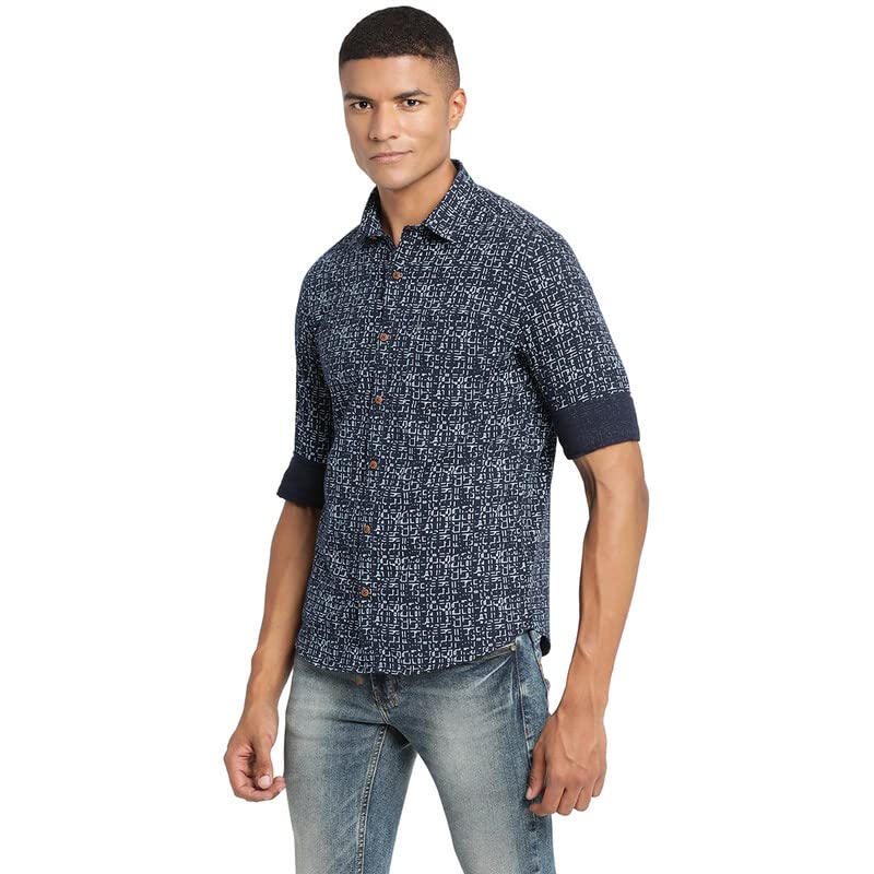 Image of Turtle Men Navy Blue Khadi Printed Slim Fit Casual Shirts