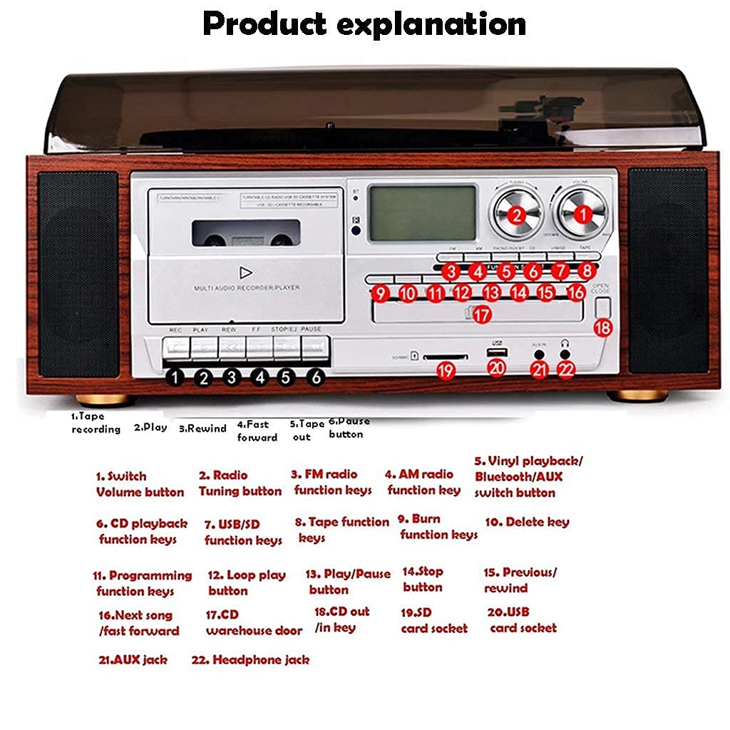 Plattenspieler, Bluetooth-Plattenspieler mit Stereo-Lautsprecher, Schallplattenwiedergabe, automatische Aktivierung/Kassettenwiedergabe/CD-Wiedergabe