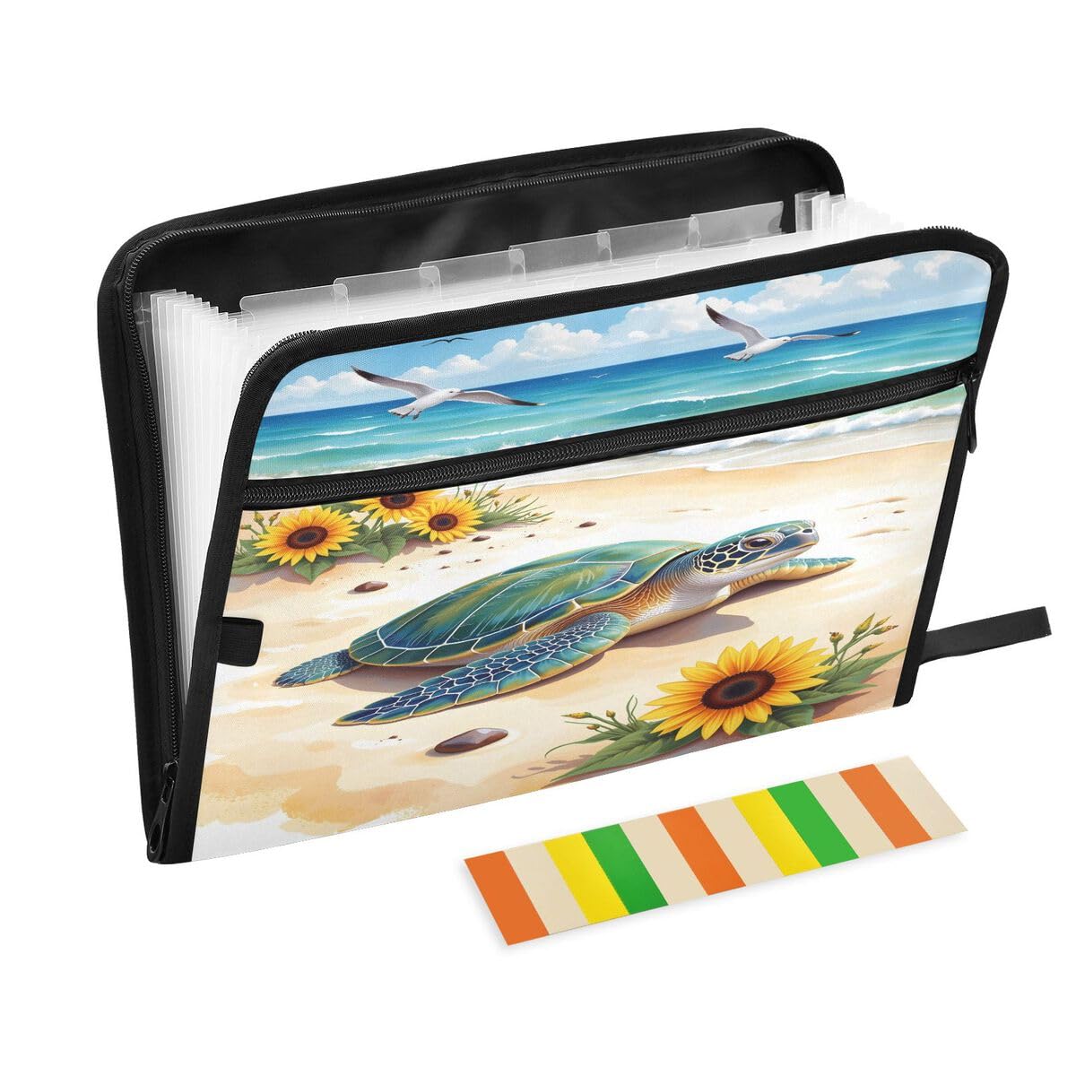 ALAZA Sea Turtle Sunflower Blossom Expandable Filing Folder Storage Organiser Box Files, 13 Pockets Zip Filing Folders for Home or Office Documents