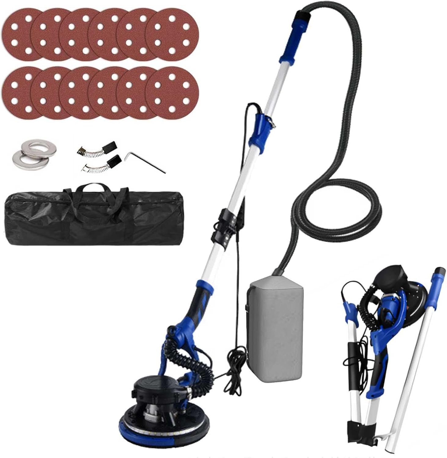 Electric Drywall Sander | Drywall Sander With Vacuum Cleaner,Foldable/Retractable Handle,5 Speed Settings (800-1800 Rpm),12 Sandpaper Discs, Suitable For Sanding Walls And Ceilings smallhandle