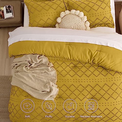 Image of Bedsure King Comforter Set - Mustard Yellow Comforter, Boho Tufted Distressed Vintage Bedding for Kids, 3 Pieces Farmhouse-Style Bed Set for All Seasons, Fluffy Soft Bedding with 2 Pillow Shams