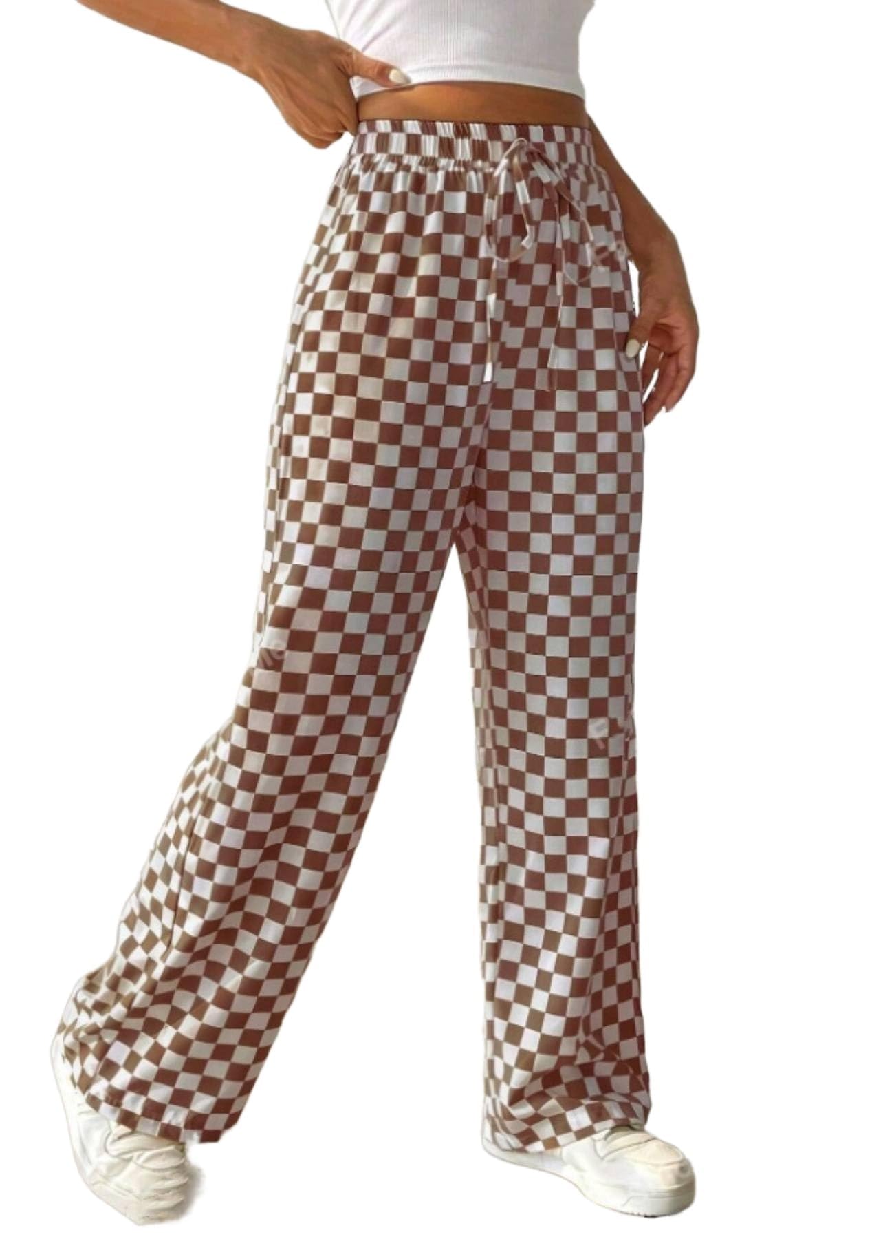 Women's Casual Checkered Pants Drawstring Elastic Waist Comfy Loose Straight Wide Leg Plaid Pants with Pockets