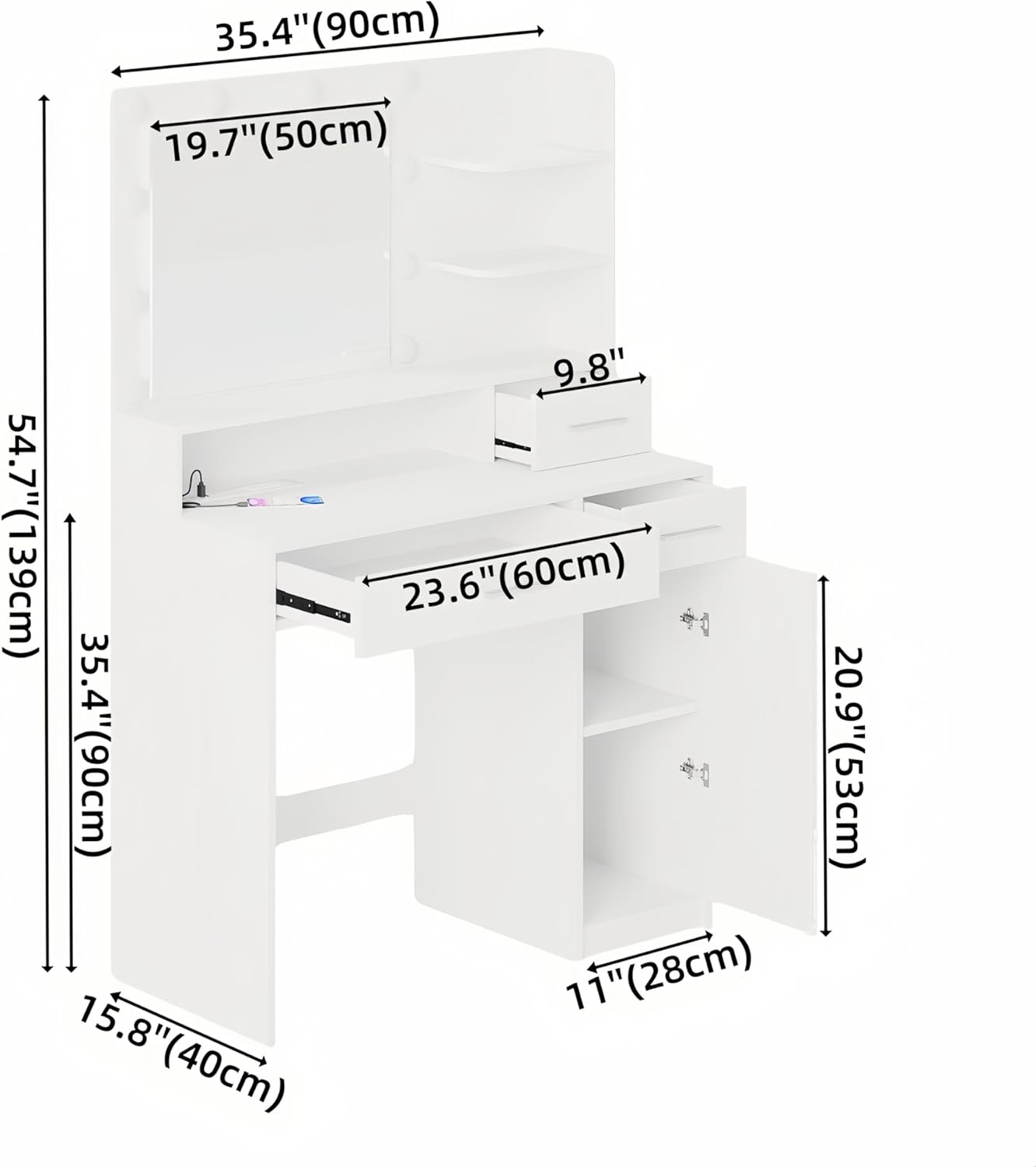 Vanity Desk with Mirror&Lights,Makeup Vanity Table with USB Power Outlet & Drawer & Storage Shelves, Cabinet,Dressing Table for Teen Girls & Adults,Compact Vanity Set for Bedroom
