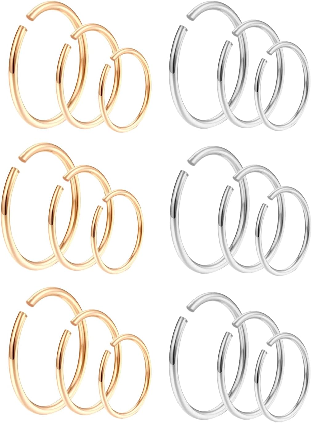 Neyared18PCS Nose Rings Set, Small Nose Hoop, Stainless Steel Women Girl's Gift(6mm 8mm 10mm)