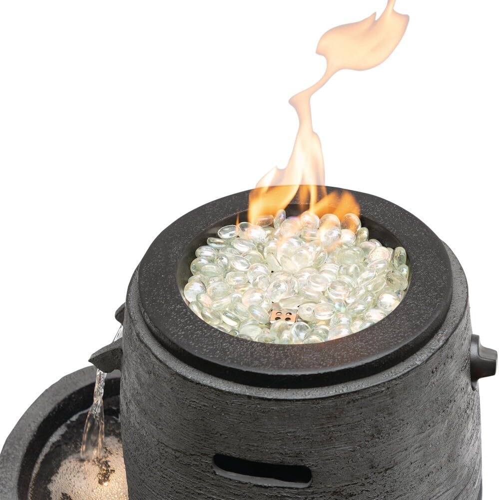 Alpine Corporation WTO120 Outdoor Cascading Look 3 Tiered Fire and Water Fountain with Adjustable Flame and LED Lights, 27" Tall, Gray