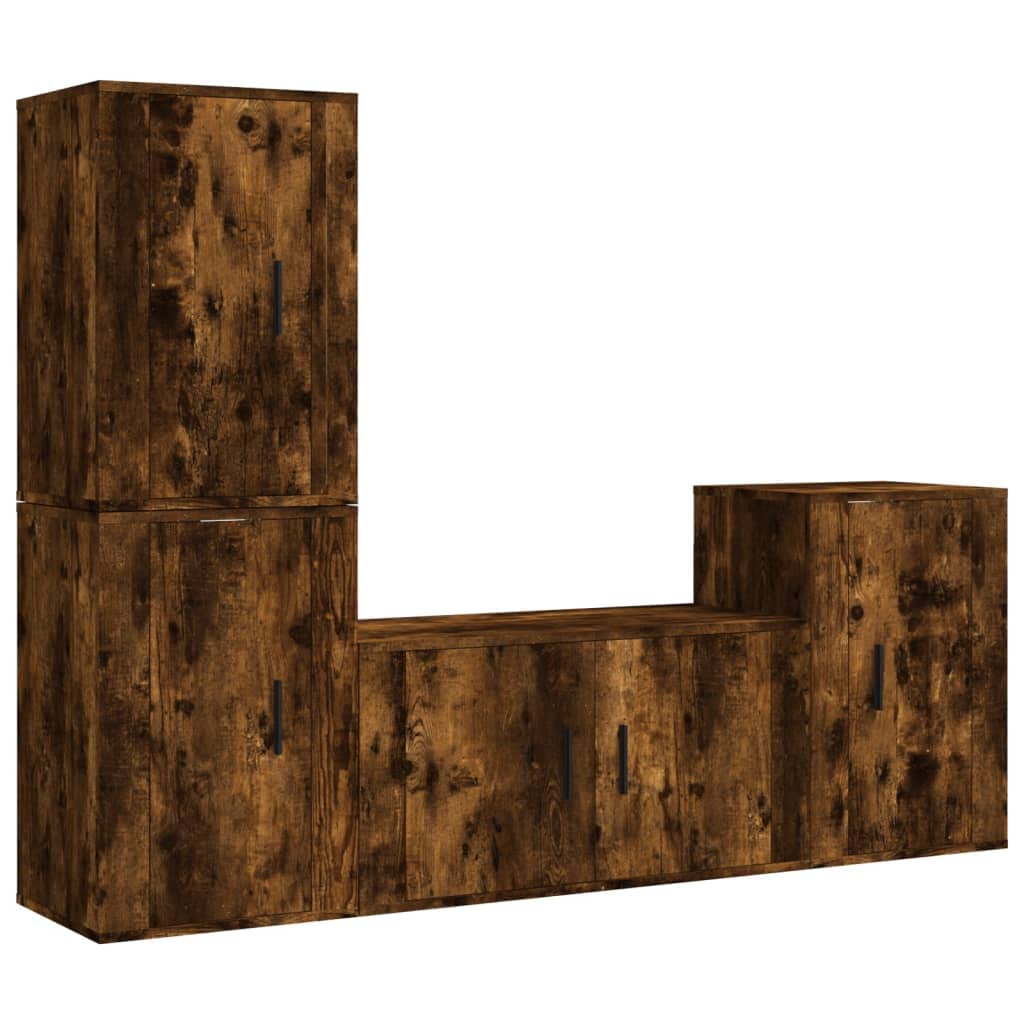 4-TLG. TV-Schrank-Set Räuchereiche Holzwerkstoff, 80x34,5x40 cm, Wandmontage, Modernes Media-Center für Wohnzimmer, Vielseitige TV-Möbel mit Stauraum