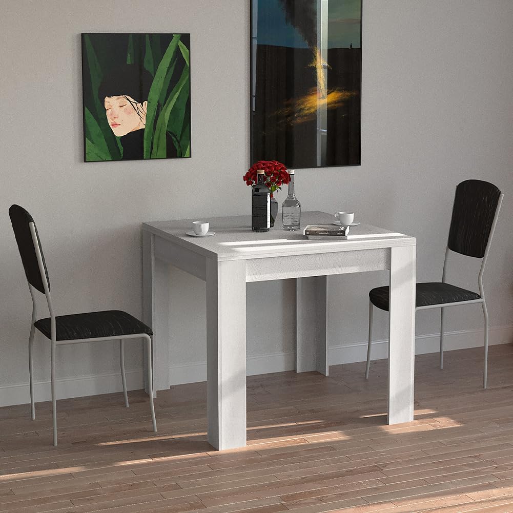 BAKAJI Tavolo Quadrato Allungabile 90x90 cm, Apertura a Libro, Design Moderno Ribaltabile, Apribile 4-8 Posti, Ideale per Sala Pranzo, Soggiorno, Cucina, Arredamento Interno (Bianco Frassinato)