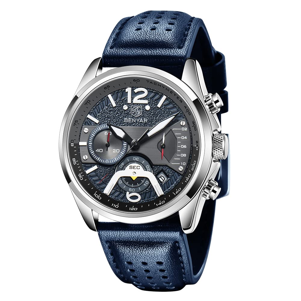 BENYAR Men's Chronograph Waterproof Sports Watches, Leather Strap, Date Function, Quartz Movement, Black
