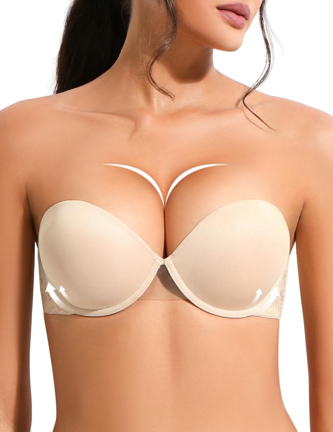 Strapless Push Up Bra with Clear Straps for Women, Thick Padded Underwire Convertible Bras Add One Cup