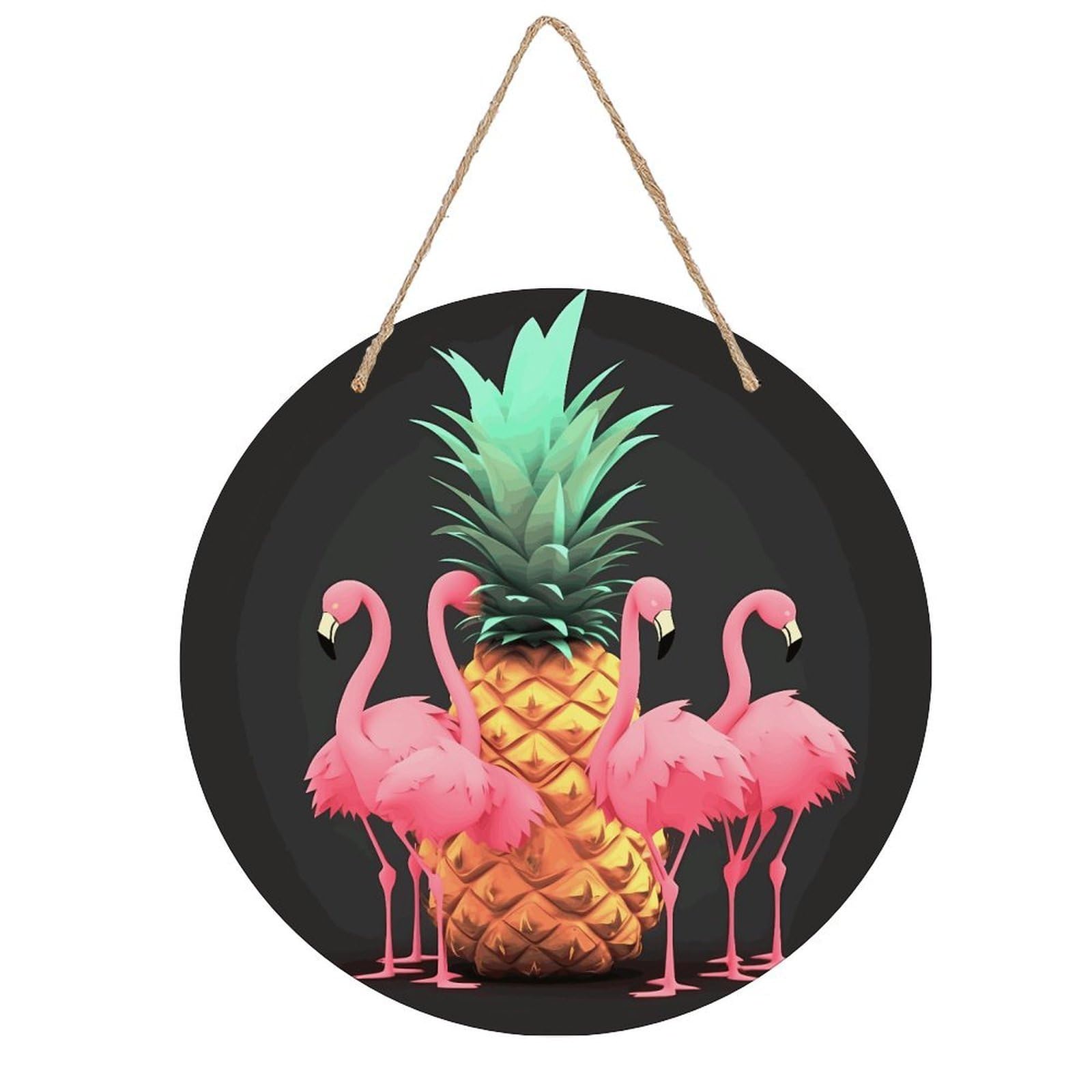 LZQPOEAS Pineapple Flamingos Round Wood Wall Art Painting, 7.9 Inch Circular Wooden Door Hanger Decorative Paintings, Rope-Hanging Wooden Wall Plaque for Home Decor And Office Party