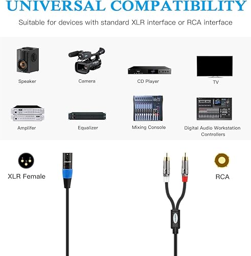 Miniatura 10 de JOLGOO Cable de ruptura XLR hembra a doble RCA y divisor en Y, 1 XLR hembra a 2 RCA macho cable adaptador de cable de conexión Y, 6.6 pies