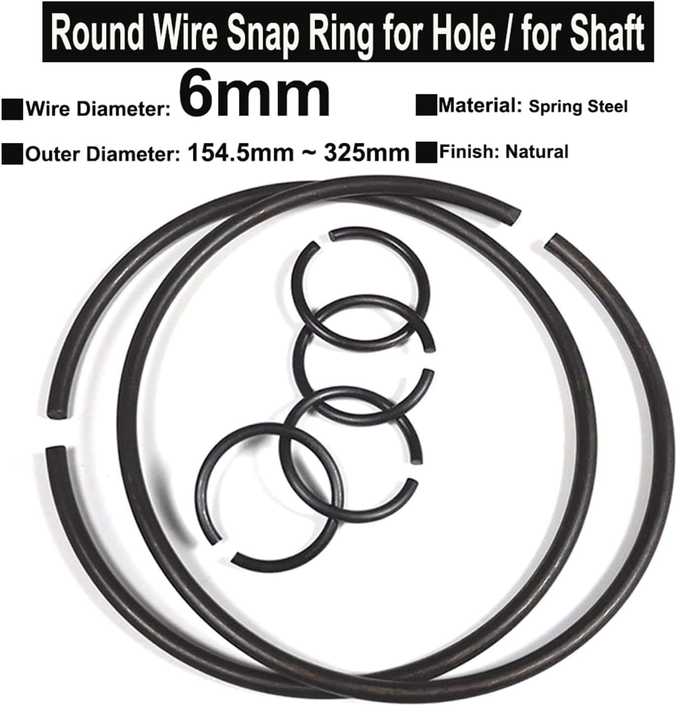 Retaining Rings，Round Snap Ring，1Piece Wire Diameter 6.0mm Spring Steel Round Rings for Hole Retainer Circlips Shaft OD=154.5mm ~ 325mm(6x275x5)(6x165x15)