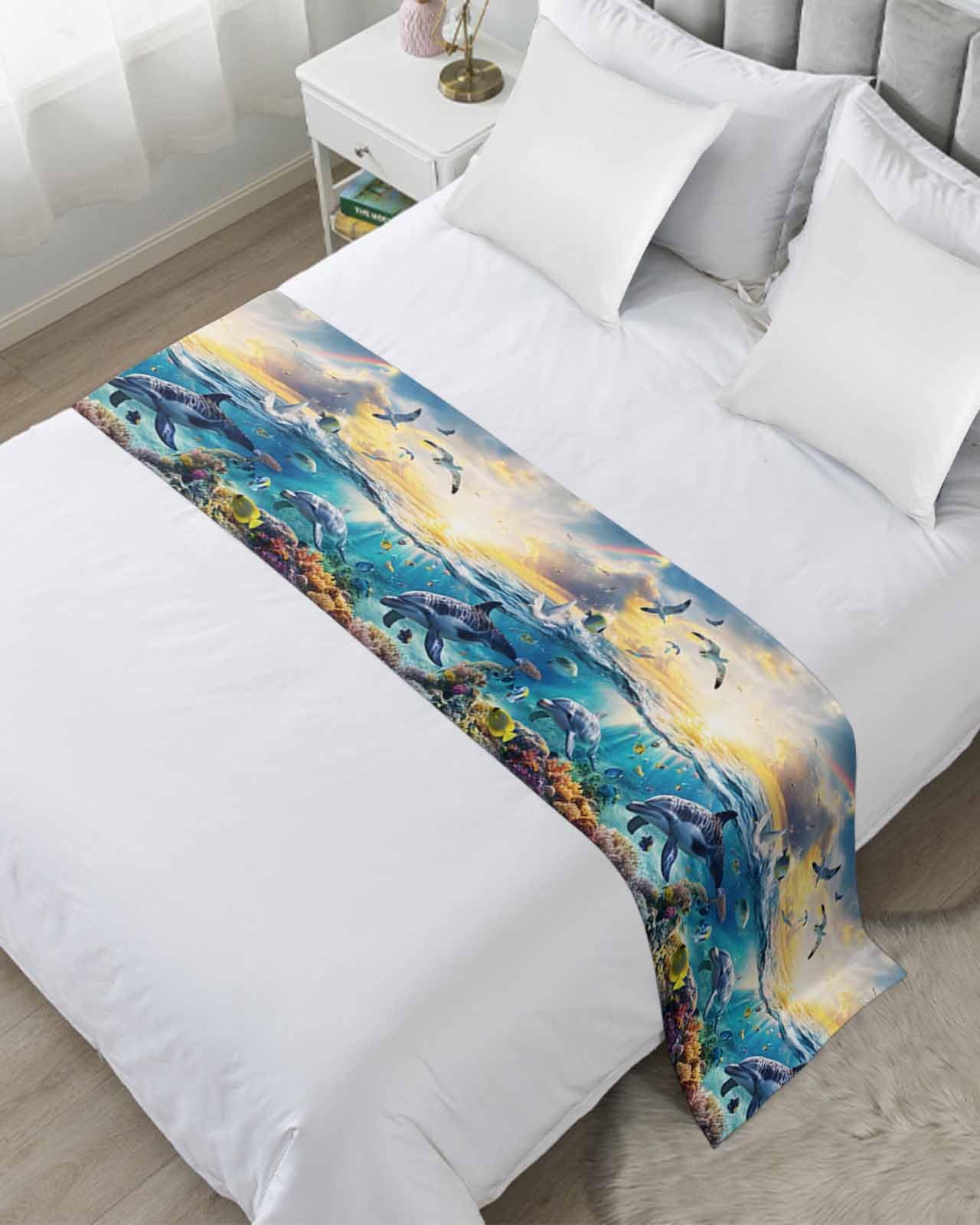 Bed Runner for Cal.King Size, Blue Ocean Turtle Decorative Scarf Throws for Foot of Bed, Dolphins Animals Coral Orange Sunlight Luxury Bedding Protector Slipcover Beds Runners for Hotel, 102 x 20 Inch