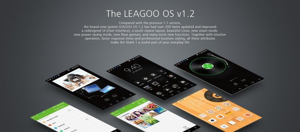 LEAGOO Shark 1 displaying various home screen layouts and app interfaces.