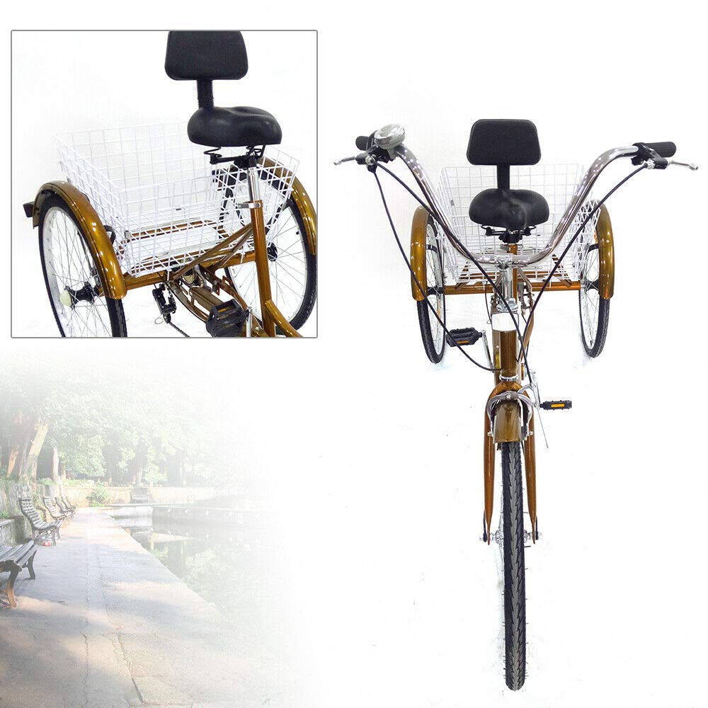 Minus One Triciclo Adulto Adulto Triciclo Bicicleta con 3 Ruedas Senior Bicicleta de Carga 24" 6 velocidades (Dorado sin luz)