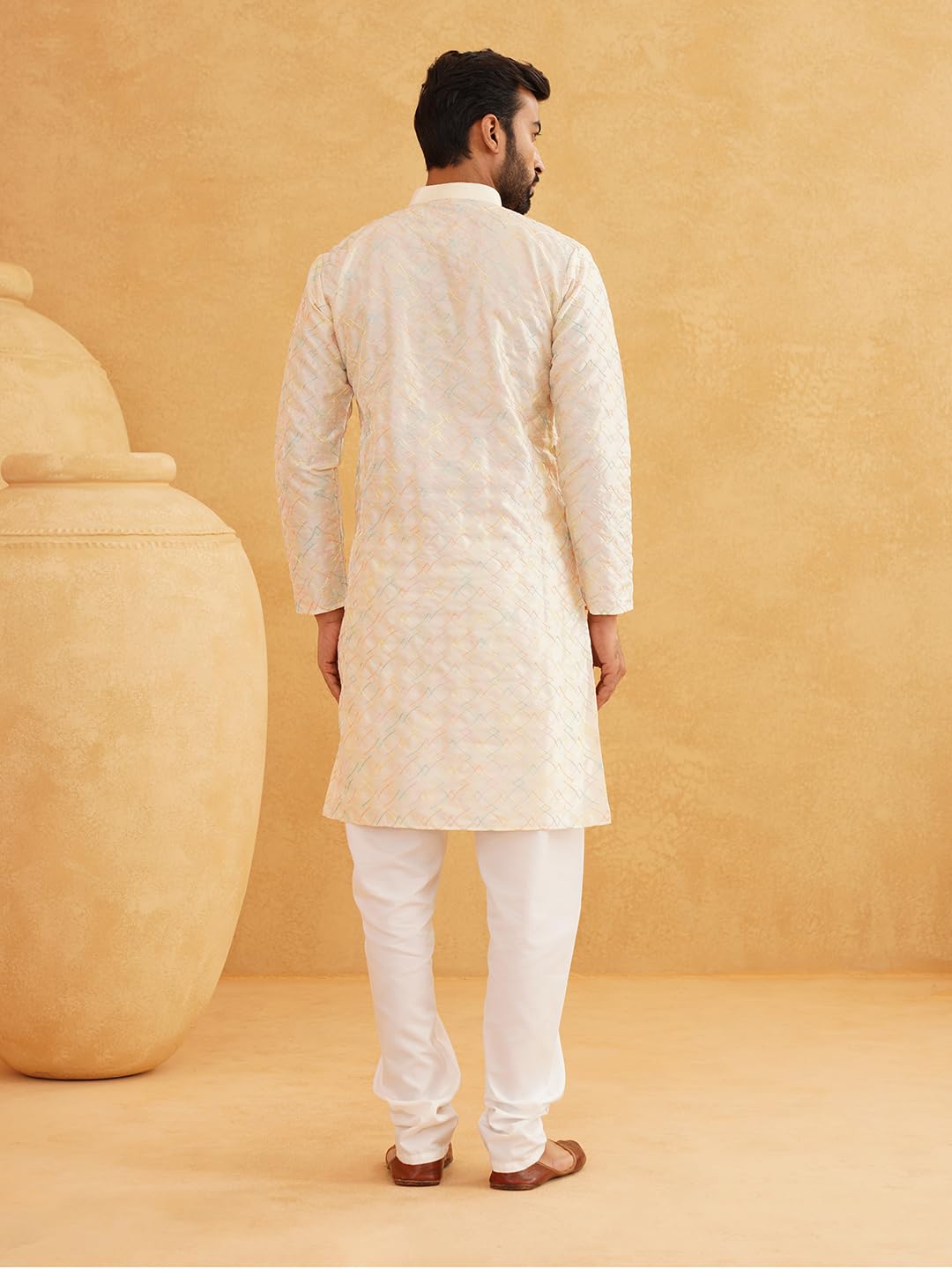 Sojanya (Since 1958 Men's Silk Blend Cream Kurta With Multi Color Embroidery