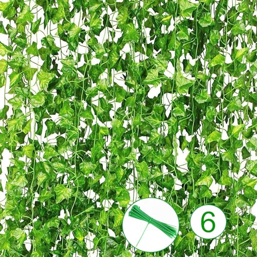 VUCDXOP 6 Pack Artificial Ivy Garland Vines, Artificial Ivy Garlands UV Resistant Green Leaves Vines Plants Hanging Vines Plant Hanging Garland For Wedding Party Room Office Garden Wall Decoration