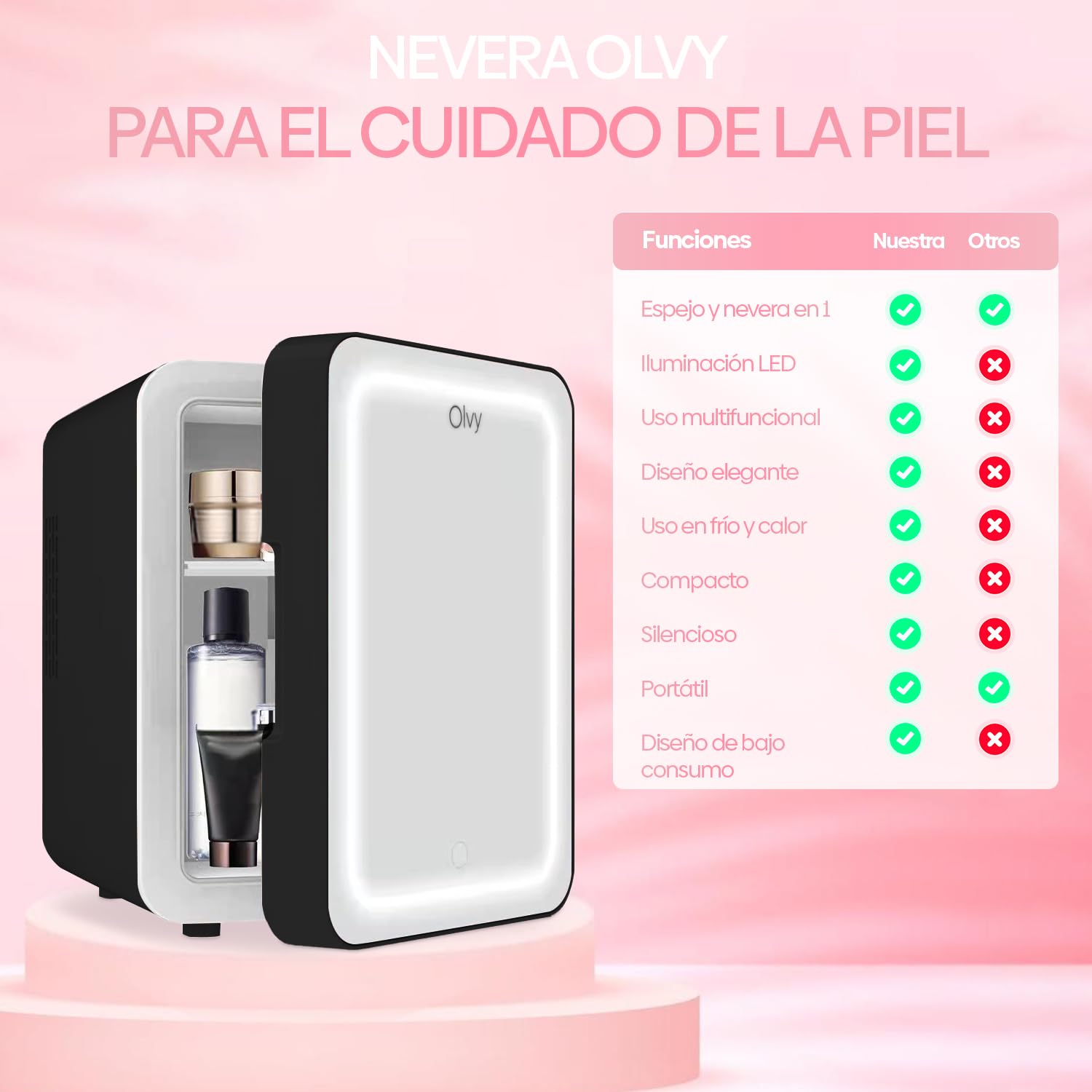 Olvy Mini Nevera Cosmética de 4 Litros, Frigorífico Portátil con Espejo LED, Mini Frigorífico para Cuidado de la Piel, Enfría y Calienta, para Dormitorio, Negro