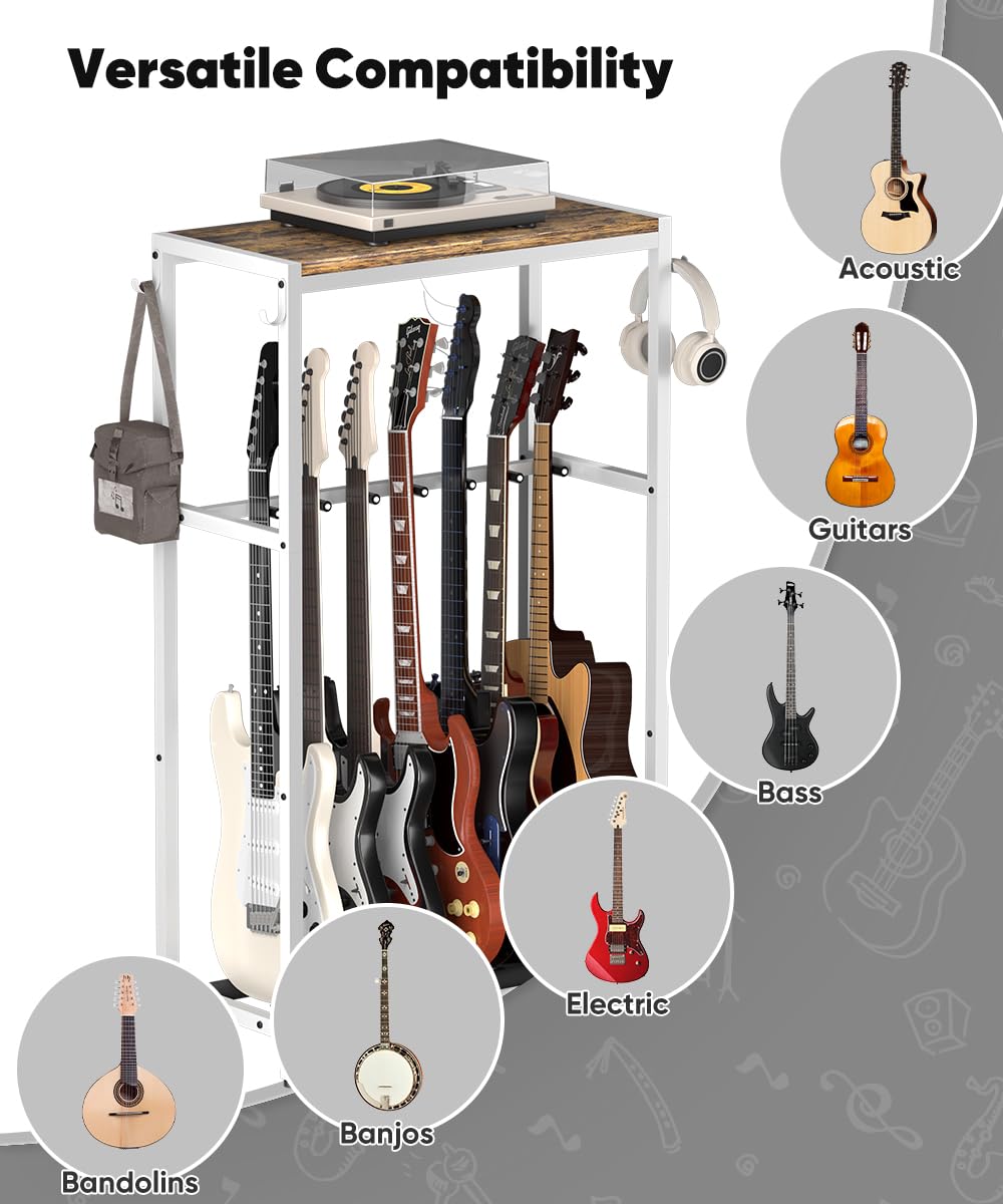 Gitarrenständer, mehrere Gitarrenständer Halter mit oberem Aufbewahrungsregal für Akustik-, E-Gitarre, Bass, Gitarren Display Rack für 7 Saiteninstrumente, für Zuhause, Bühne, Studio