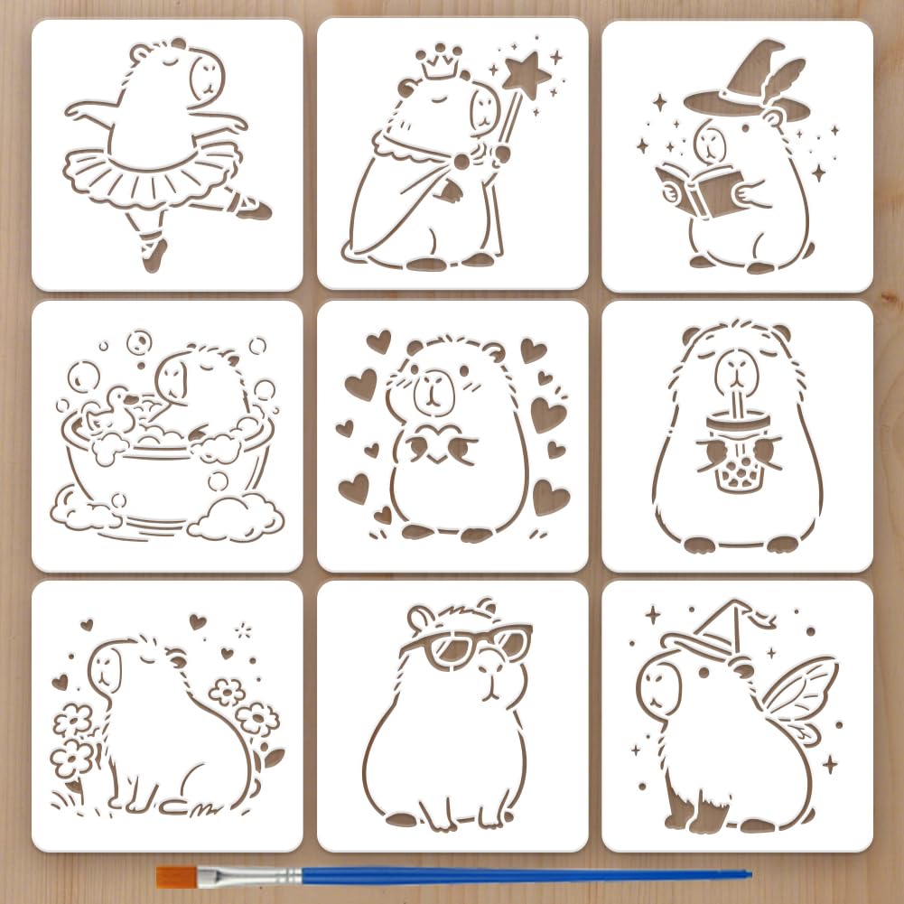 FINGERINSPIRE 9Styles Capybara Pattern Stencils with a Brush 15x15cm Cartoon Capybara Painting Stencils PET Animal Themes Template for Painting on Wood Floor Tile Wall Fabric Fabric