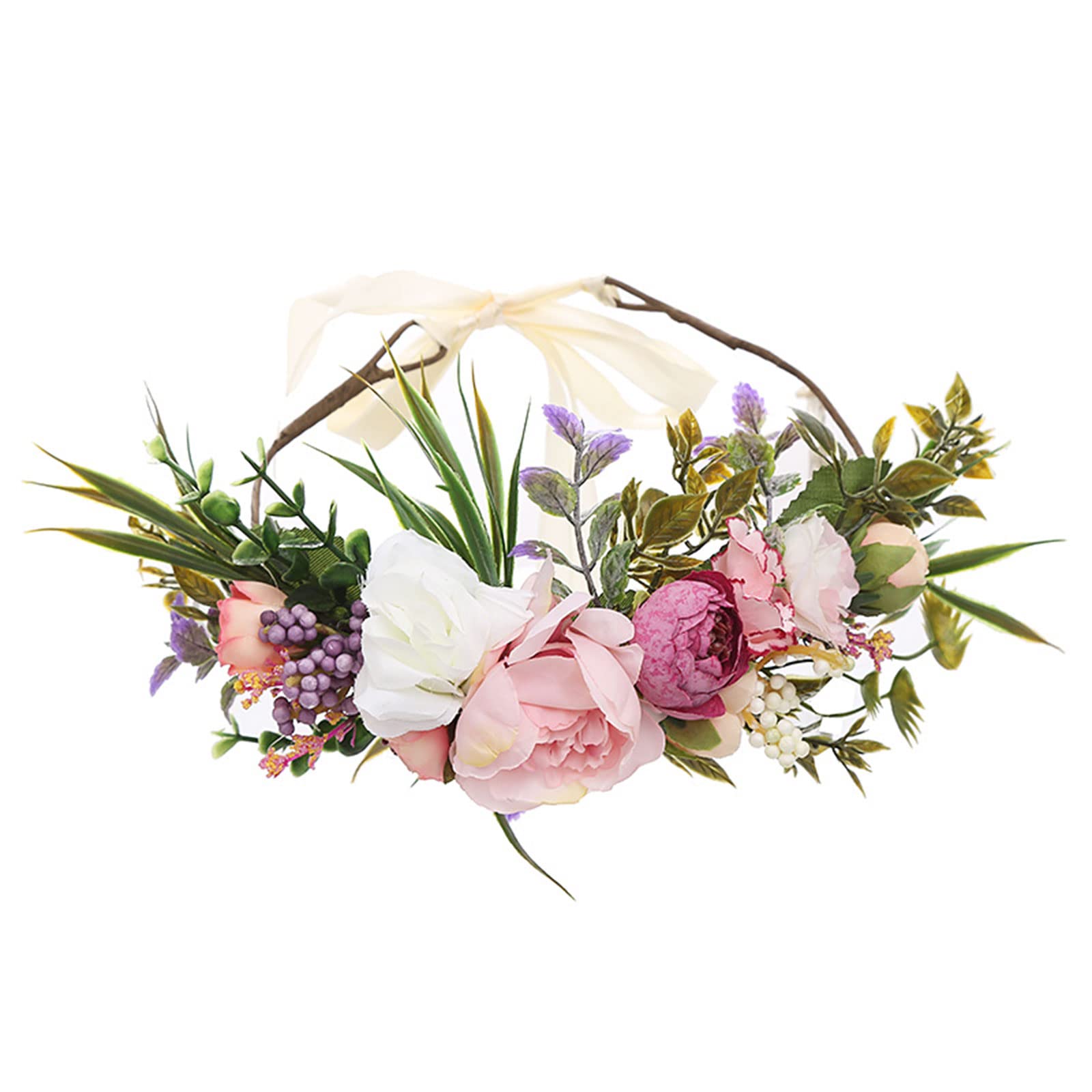 TSHAOUN Couronner Fleur Cheveux Bandeau, Ruban de Feuille Guirlande Florale，Mariage Nuptiale Couronne Fleur, Fée Couronne Floral Bandeau Réglable avec Ruban, Vacances Fête Bord Mer (1 Pack)