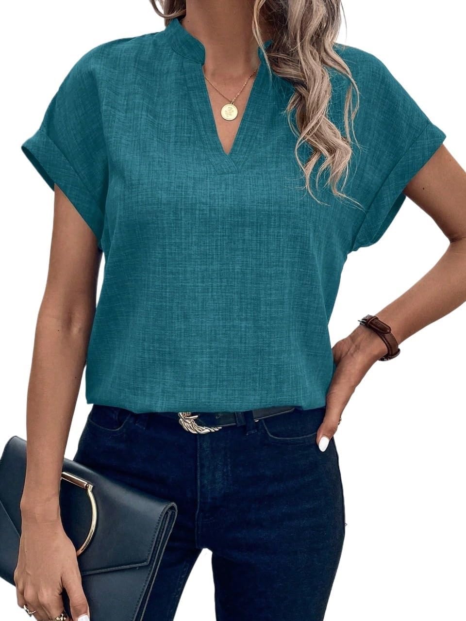 Women's Classic-Fit Shirt V-Neck Short Sleeve Color Loose Blouse