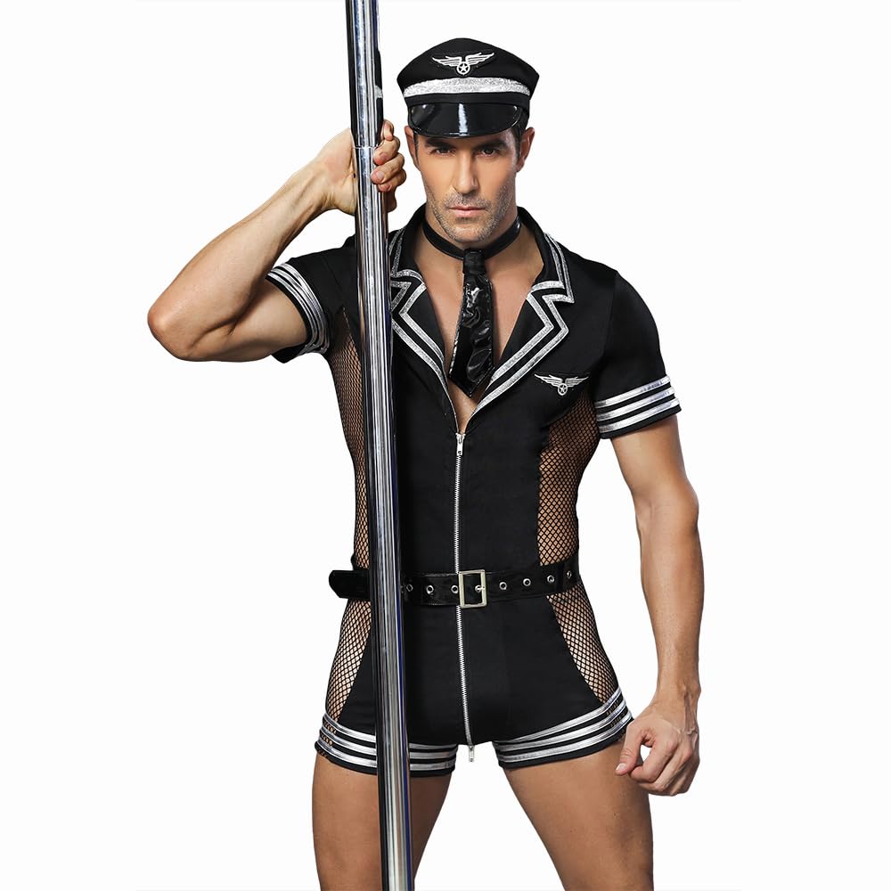 VENI MASEE Costume da poliziotto da uomo con cappello e distintivo, uniforme sexy da poliziotto per adulti, per Halloween, giochi di ruolo, addio al celibato e divertimento in camera da letto