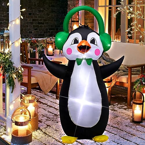 Ycolnaefllr 4Ft/122cm Christmasin aufblasbaren Pinguin: Weihnachten aufblasbare grüne Kopfhörer Pinguin mit eingebauten LED-Leuchten, Weihnachten aufblasbare Dekoration draußen und drinnen