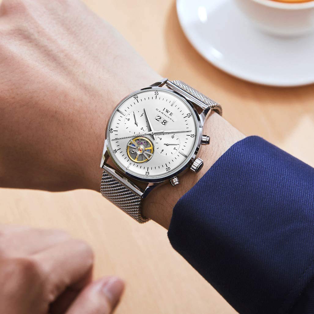 MASTOP Swiss Brands - Orologio meccanico automatico da uomo, con cinturino in acciaio inossidabile, orologio da polso classico con calendario, datario, impermeabile, scavato