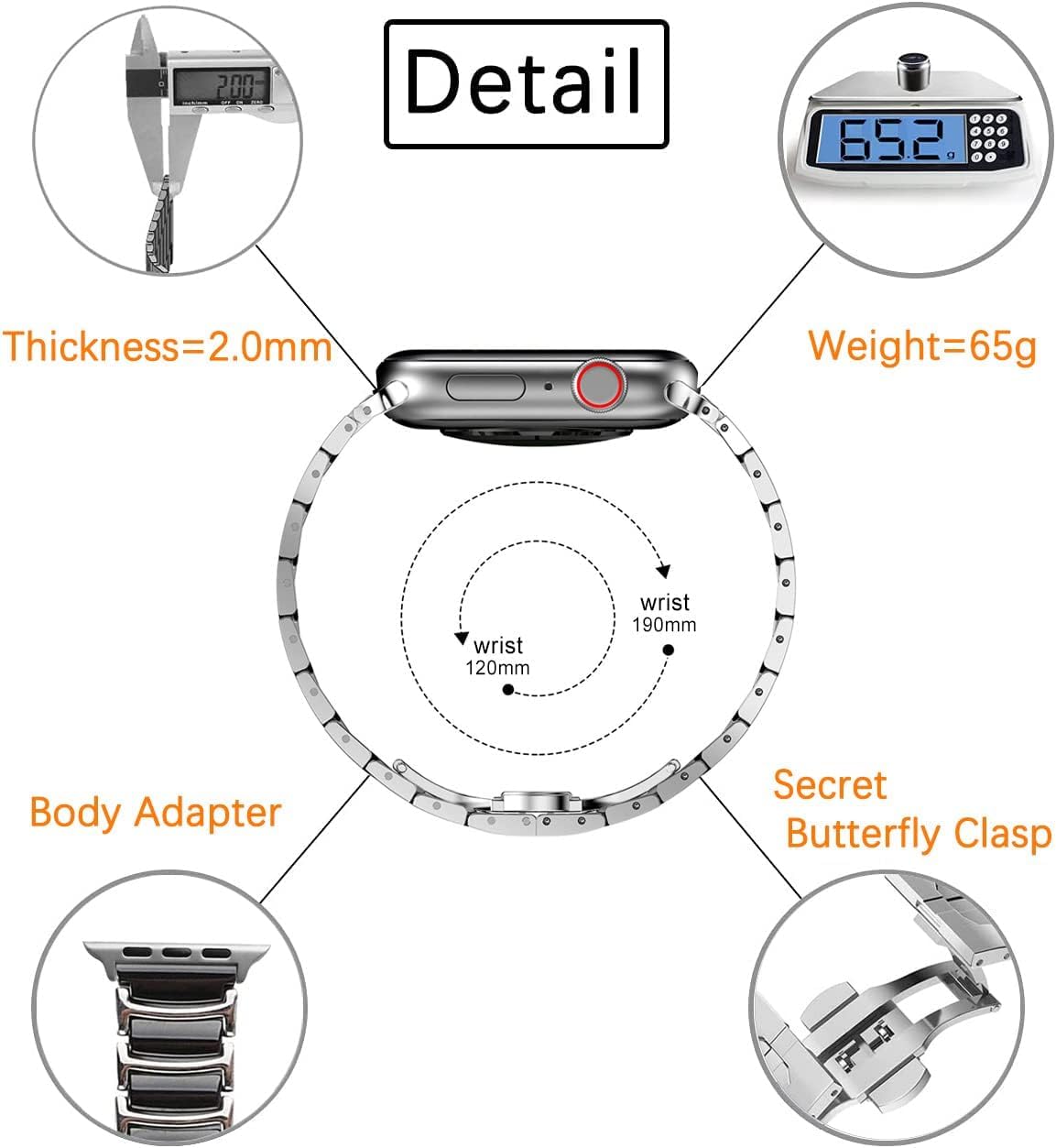 Ceramic WristBand,Thin Stainless Steel Inlaid Ceramic Link Bracelet Strap,for Apple Watch Series 11/10/9/8/7,Ultra 3/2/1,SE 3/2/1 [2025]