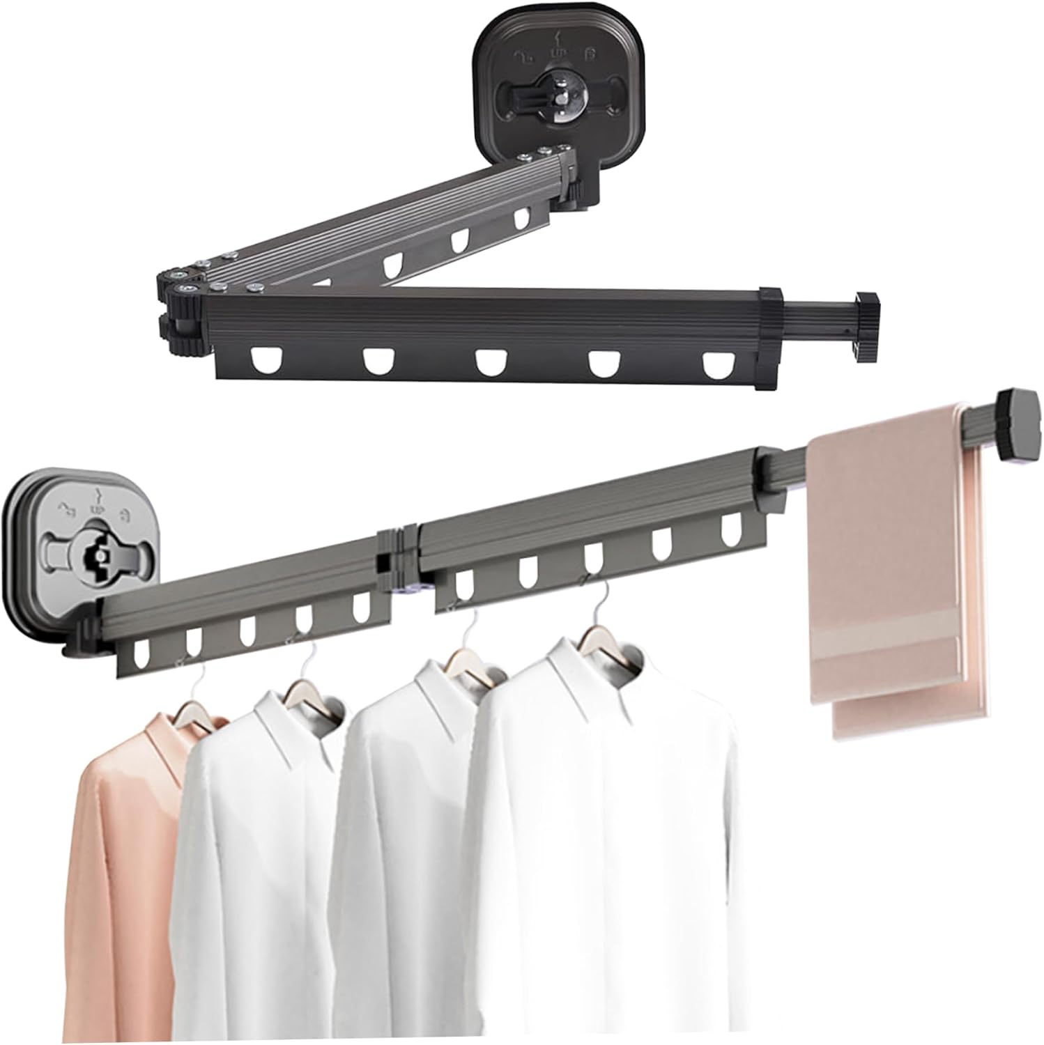 Wall Mounted Drying Rack with Suction Cup, Bi-Collapsible Drying Rack, Retractable Laundry Clothes Drying Rack with 10 Hooks, Aluminum Wall Airer,2-Fold Clothes Pins