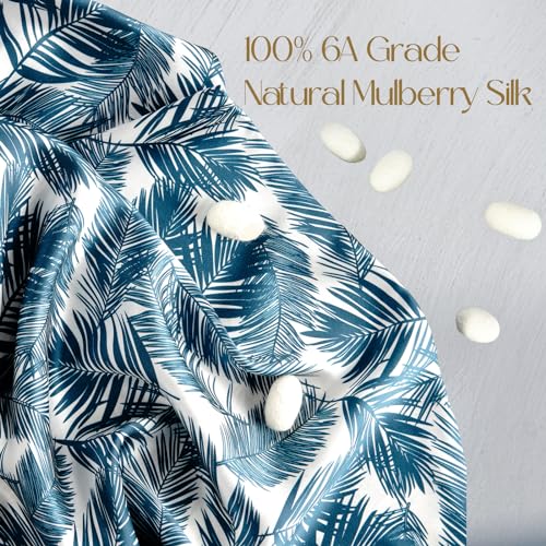 ZIMASILK 100% Pure Mulberry Silk Pillowcase for Hair and Skin Health,Both Sides 19 Momme Silk Floral Print,1pc(Queen 20''x30'',Blue Leaves)
